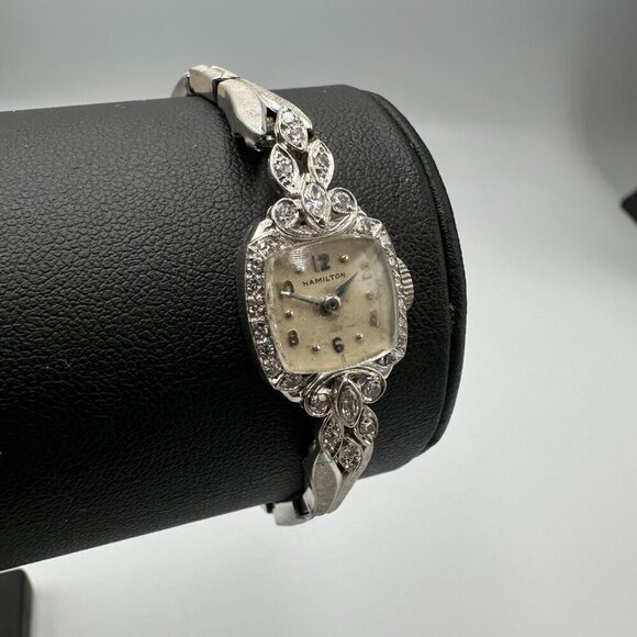 Vintage Hamilton Dinhofer Watch Women Platinum Diamond Bezel Manual Stretch main image 14